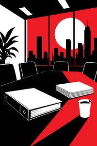A conference table with a policy binder, a stack of vacation-request forms and a nervous paper cup of water.