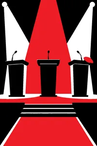 Three debate podiums on a stage, a red beret resting on the one at the end.