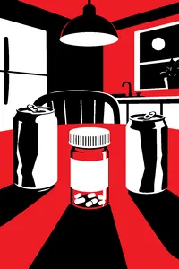 A pharmacy prescription bottle sitting between two open beer cans on a kitchen table.