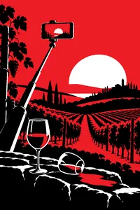 A vineyard at golden hour with a phone on a stretched-out arm and a pile of discarded wine glasses.