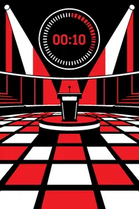 A bare game-show floor of glowing squares with one lone podium and a countdown clock.