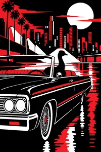 An emu silhouette in the passenger seat of a lowrider car at night, city lights behind.