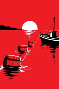 Three yellow wooden barrels floating on a gray sea beside a small wooden fishing boat at dusk, a rope trailing taut into the water.
