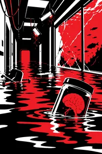 A flooded underwater research lab corridor with a cracked glass wall, sparking ceiling lights and a brain-shaped specimen jar drifting past.