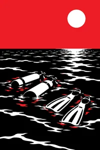 Two empty scuba tanks and a pair of fins floating on endless open ocean under a hot sun, no boat on the horizon.