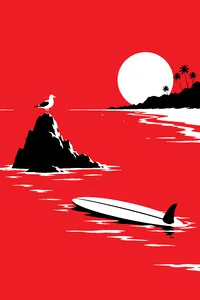 A lonely surfboard and a jagged rock poking out of turquoise water, a seagull perched on the rock, a beach visible 200 yards away.