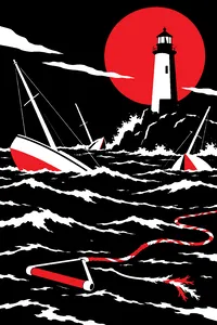 A cluster of capsized sailboats around a lighthouse on a choppy bay, a broken water-ski rope floating in the foreground.