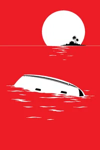 An overturned white yacht hull on a vast blue sea, a tiny island on the far horizon.