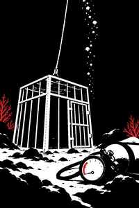 A steel shark cage resting on a dark seafloor, a dive-tank pressure gauge needle near empty, bubbles rising into blackness.