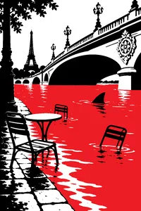 Green river water lapping over a stone quay under an ornate Paris bridge, a dorsal fin circling between floating café chairs.