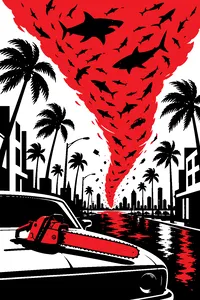 A gray funnel cloud over a palm-lined city street with dozens of sharks spinning inside it, a chainsaw lying on a car hood.