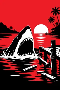 A tropical harbor at sunset with a cheap rubber shark head jutting from the water, its jaws open, a wooden pier splintered beside it.