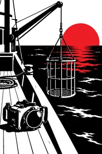 A vintage steel diving cage hanging off the side of a wooden boat, an old film camera in an underwater housing on the deck.