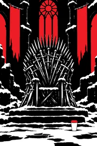 An iron throne made of swords in a ruined, snow-dusted hall, a single modern takeaway coffee cup on the floor beside it.