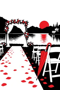 A yellow umbrella leaning against an empty wedding chair at a lakeside inn, rose petals scattered on the aisle.