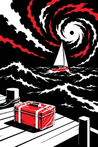 A small sailboat heading into a dark hurricane on a choppy sea, a plastic-wrapped lab kit on the dock behind it.