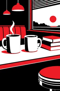 Two oversized coffee mugs on a diner counter, one full and one oddly lukewarm, beside a stack of unread books.
