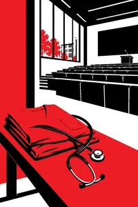 A pair of hospital scrubs folded neatly on a bench beside a brand-new university lecture hall, a stethoscope left behind.