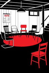 A wood-paneled basement with a circle of mismatched chairs, one empty, a 1979 calendar on the wall.
