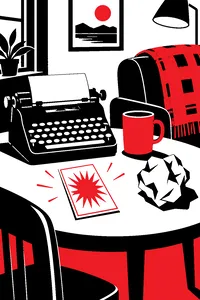 A winning lottery ticket on a kitchen table beside a typewriter, a crumpled draft manuscript and a plaid couch afghan.