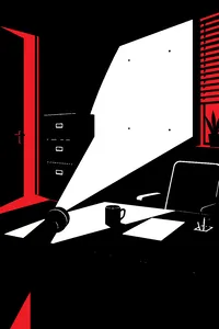 A flashlight beam cutting across an empty office with a poster-shaped bright rectangle on the wall where something used to hang.