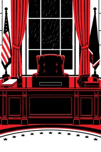 A grand oval office desk with an empty leather chair, a ring of dust where a nameplate used to be, rain on the window.