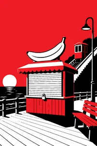 A small banana stand on a boardwalk, shuttered and padlocked, a stair car parked behind it.