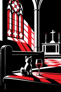 A small silver fox figurine on a church pew next to a single glass of wine, sunlight through stained glass.
