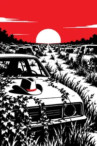 An overgrown highway of abandoned cars stretching to the horizon, a cowboy hat on the hood of the nearest one.
