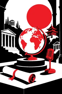 A 3D globe on a pedestal under warm light, surrounded by small temples, a scroll of parchment and a vintage microphone.