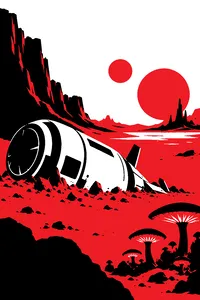 A crashed colony pod in red alien soil beside purple fungal growths glowing faintly, two suns low in a green sky.