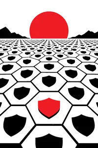 A tabletop of hexagonal tiles with exactly one tiny bronze soldier standing on each hex, rolling out to the horizon.