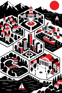 A bright cartoonish city of distinct colored districts spread across hex tiles, a campus, a harbor and a theater square each on its own tile.