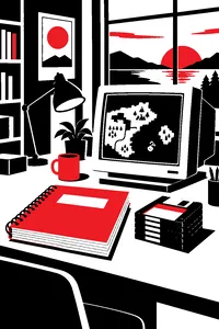 A thick spiral-bound manual and a stack of 3.5-inch floppy disks beside a CRT monitor showing a blocky green and blue map, sunrise in the window.