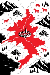 Painted borders slowly spreading across a parchment map from a small city, iron and horses icons scattered on the hills.