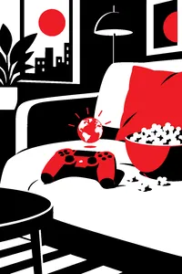 A game controller resting on a couch cushion beside a bowl of popcorn, a tiny glowing globe hovering above it.
