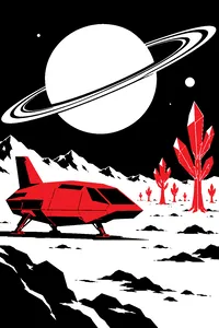 A beige landing craft on a pale alien plain under a ringed planet, alien trees made of crystal in the distance.