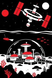 An underwater dome city on the seafloor next to an orbiting space station, both slightly askew, like a toy set assembled wrong.