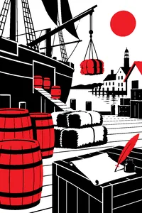 A wooden sailing ship unloading barrels of sugar and bundles of fur onto a colonial dock, a quill and an unsigned parchment on a crate.