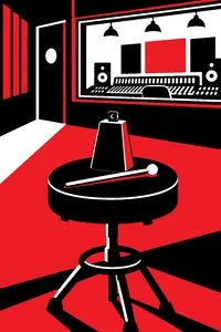 A single cowbell and drumstick on a recording studio stool, a mixing booth window glowing behind it.
