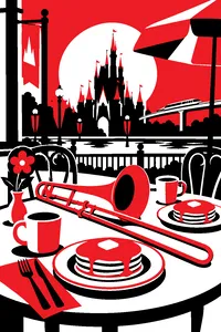 A theme park breakfast table with pancakes, coffee cups and a slide trombone lying across the plates.