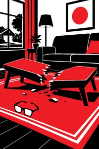 A wooden coffee table snapped in half in a suburban living room, a pair of thick glasses on the rug.