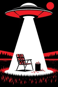 A flying saucer hovering over a dark field, a lawn chair and an overflowing ashtray beneath its beam.