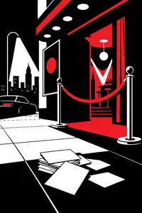 A neon-lit nightclub doorway with a velvet rope, a stack of cue cards dropped on the sidewalk.
