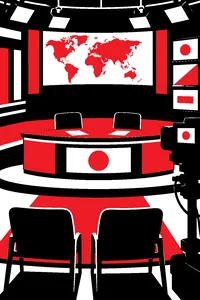 A cable news studio desk with two empty audience chairs in the front row and a studio camera pointed at them.