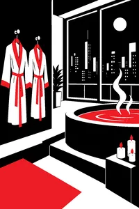 Two matching bathrobes hanging on hooks beside a steaming hot tub in a dim apartment.