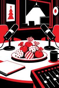 A radio studio desk with two microphones and a plate of round holiday treats wrapped in festive paper.