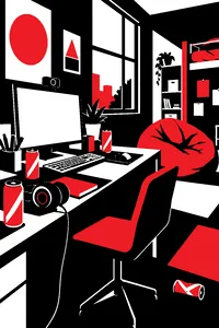 A cluttered dorm room desk with a webcam, a beanbag chair and energy drink cans.