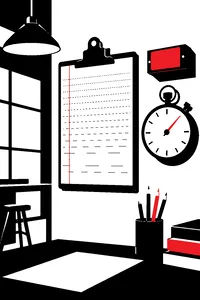 A clipboard of rules pinned to a studio wall beside a lit on-air sign and a stopwatch.