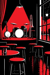 A tiny pub stage with a banjo, a trombone and a drum kit under one bulb, rows of empty stools and a rain-wet window.